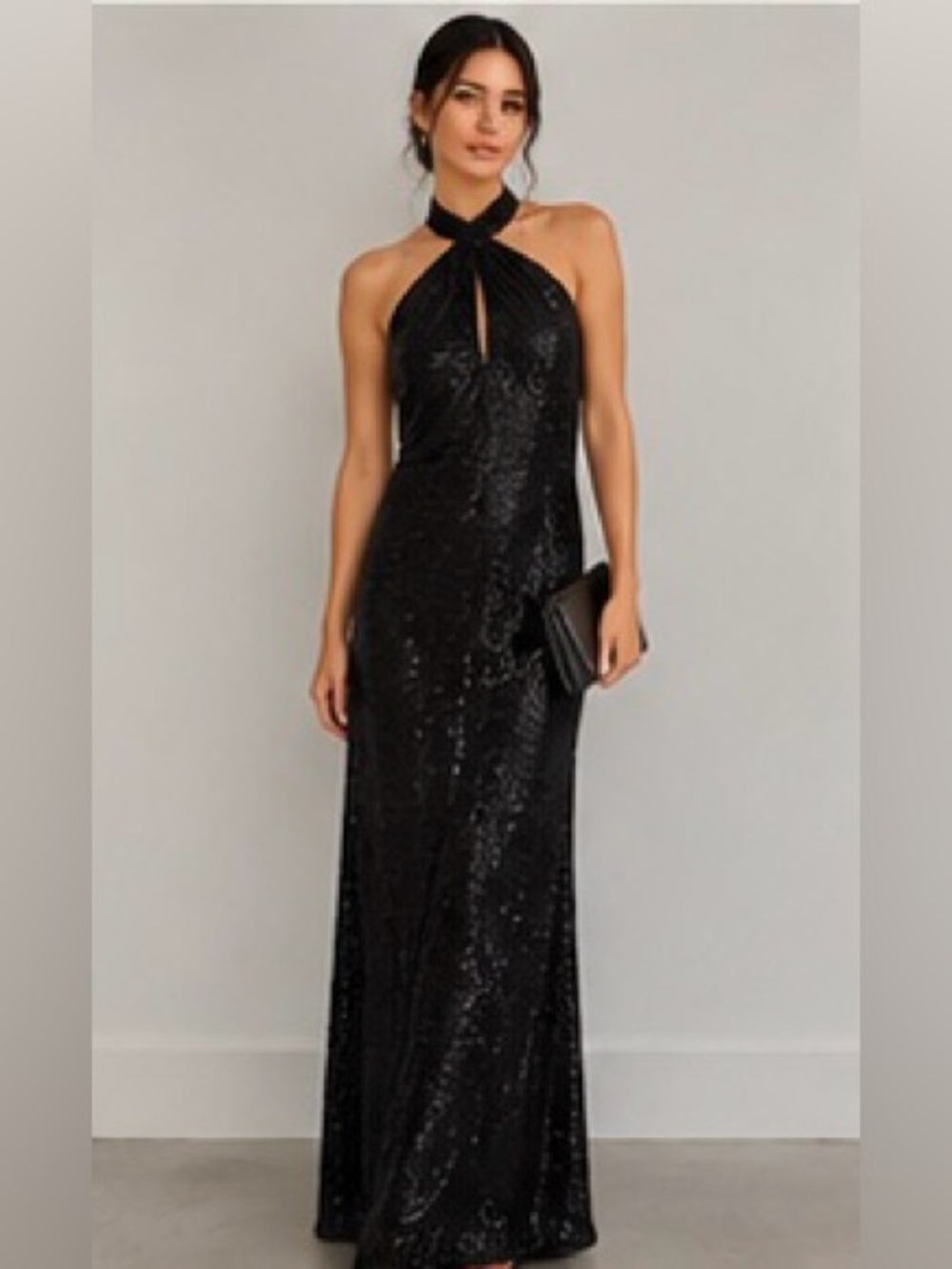Ronny Kobo Black Sequin Halter Evening Gown (Revolve)